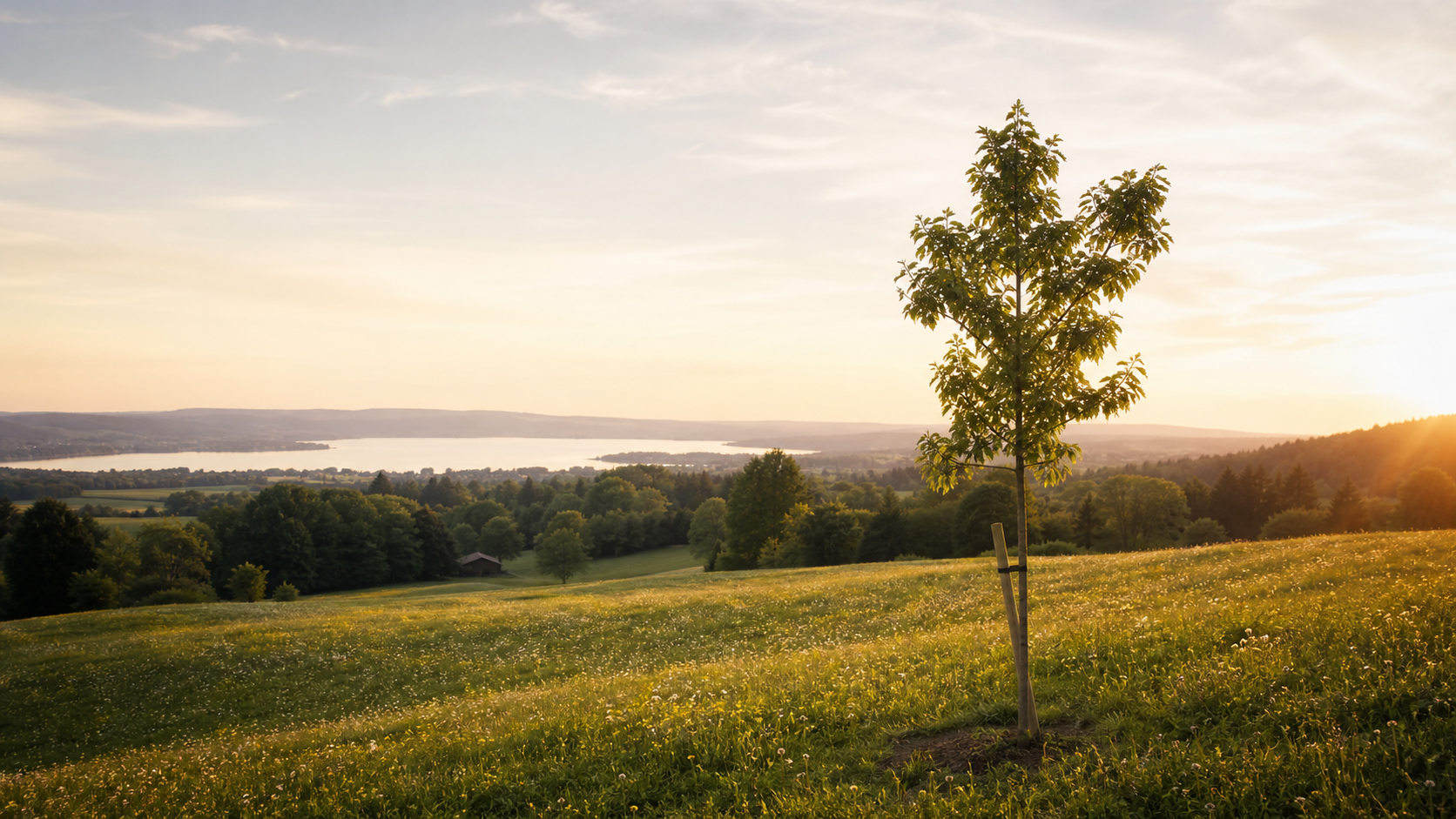 Junger Baum auf einer oberbayerischen Wiese im warmen Abendlicht